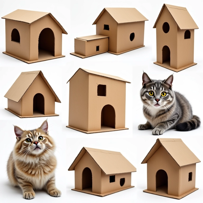 Modelos criativos de casas de papelão para gatos.