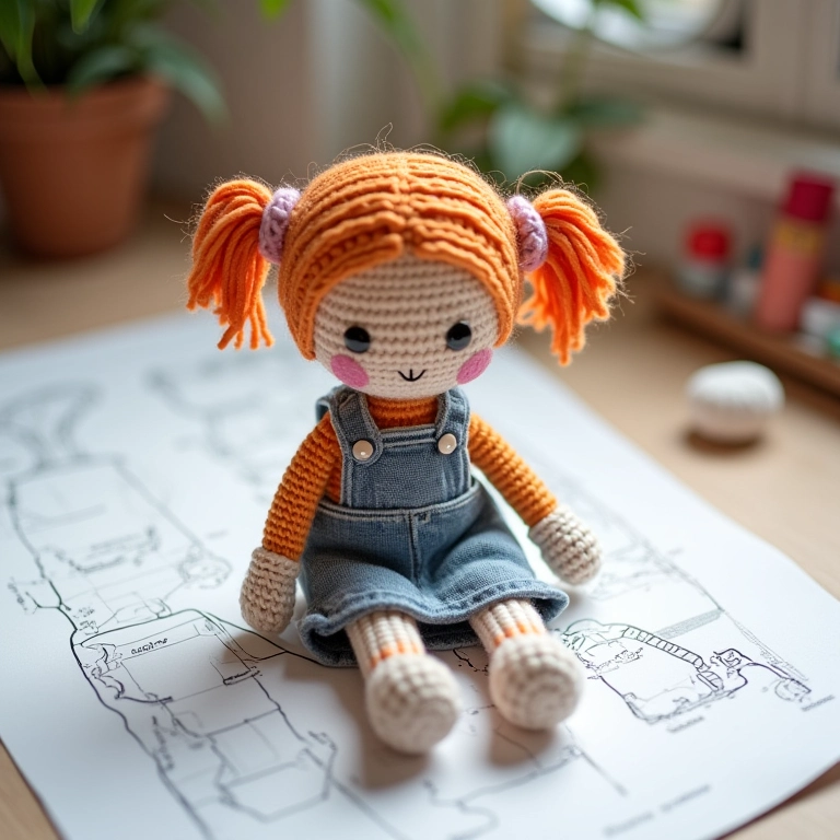 Molde de boneca de pano em amigurumi sobre mesa de artesanato.