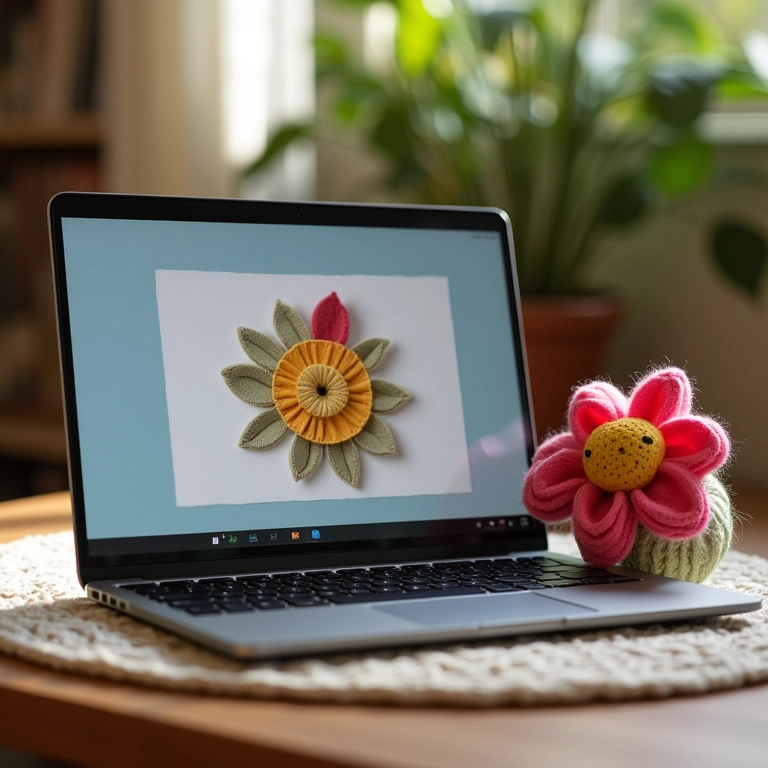Molde de flor de Natal em feltro gratuito sendo exibido em laptop.