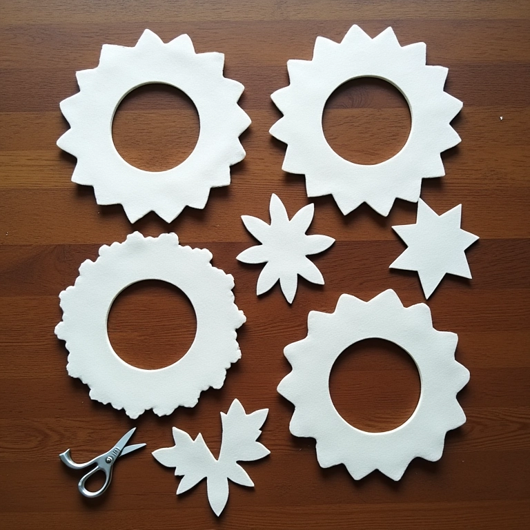 Moldes de guirlanda de feltro sobre mesa de madeira.