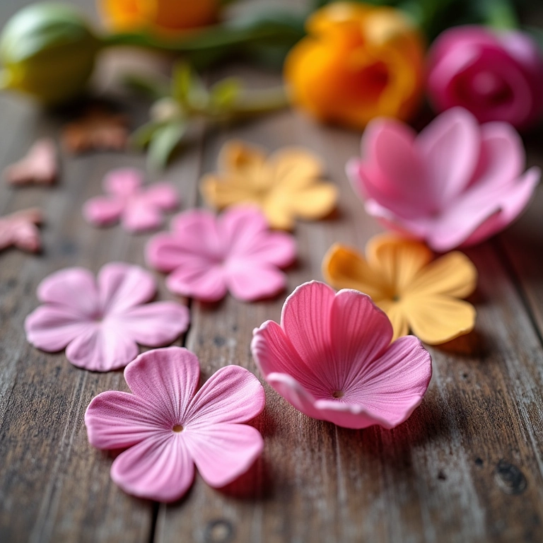 Moldes de pétalas de flores de diferentes tamanhos em mesa de madeira.