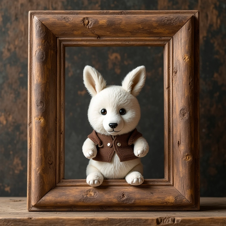 Moldura de madeira de demolição em amigurumi com foto.