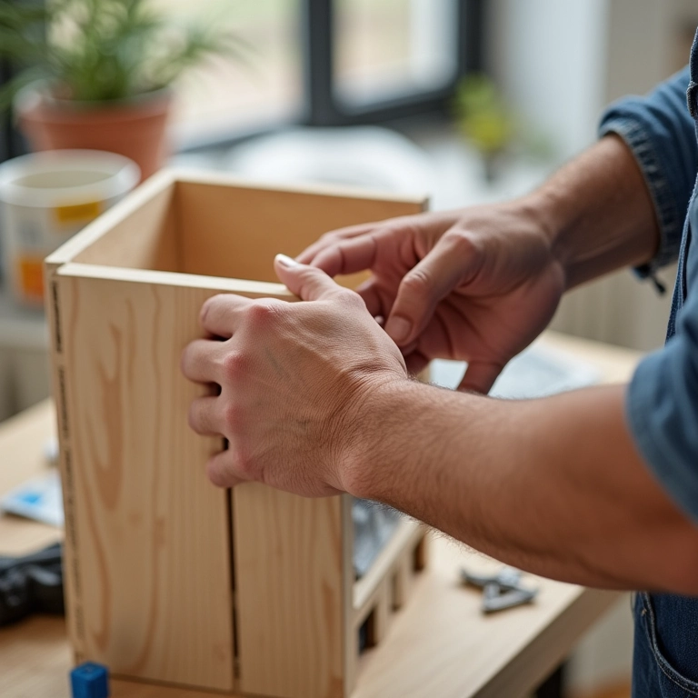 Montagem de estante DIY de caixotes em passos simples e práticos.