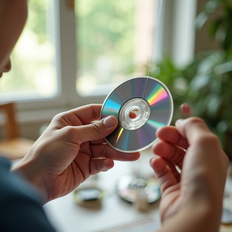 Montando um móbile de CD com linha e miçangas.