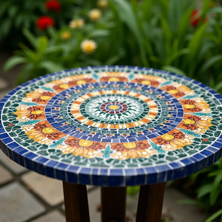 Mosaico artístico em mesa de jardim com pastilhas de cerâmica.