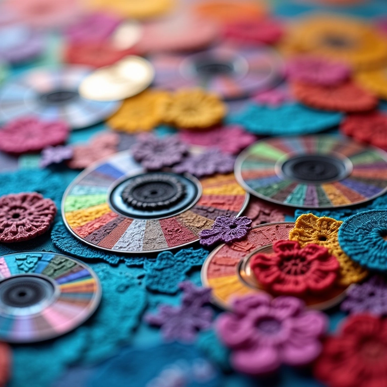 Mosaico de CD com amigurumi em parede colorida.