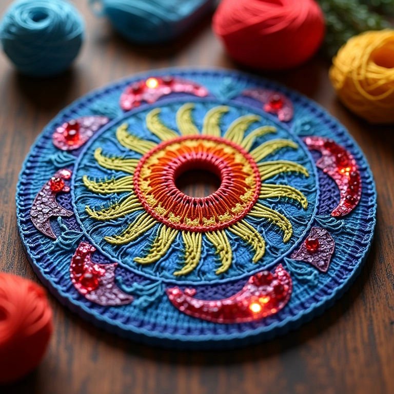 Mosaico de crochê feito em CD reciclado.