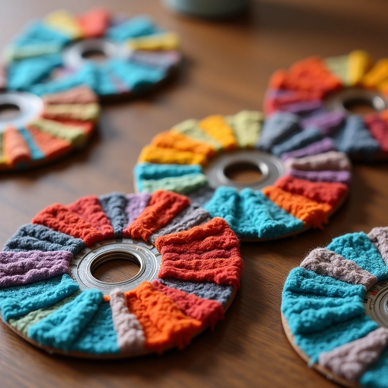 Mosaicos decorativos de amigurumi feitos com pedaços de CDs de crochê.