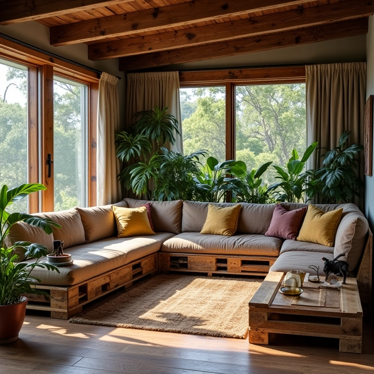 Móveis de pallet em sala de estar rústica e moderna com toque brasileiro.