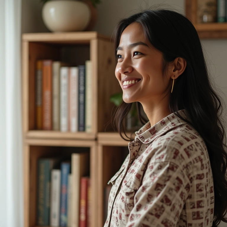 Mulher admirando estante DIY de caixotes em ambiente iluminado e decorado.