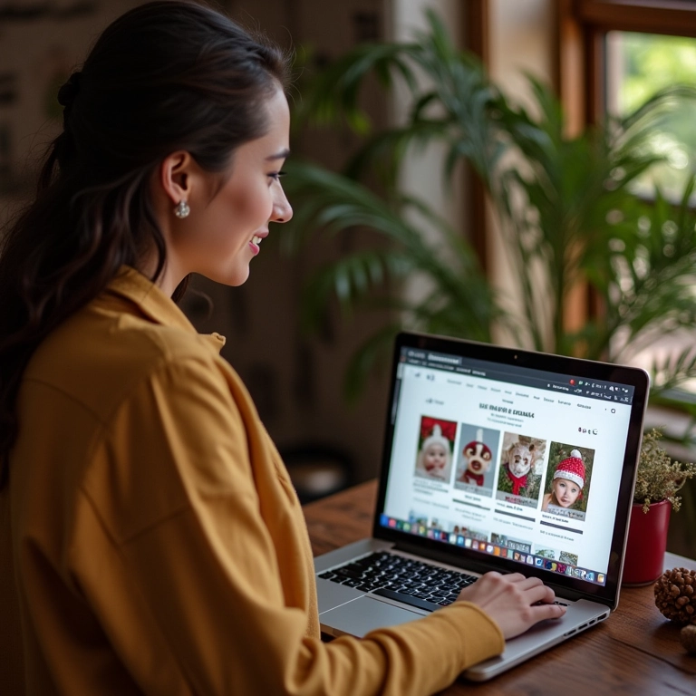 Mulher buscando inspiração para o Natal artesanal online.