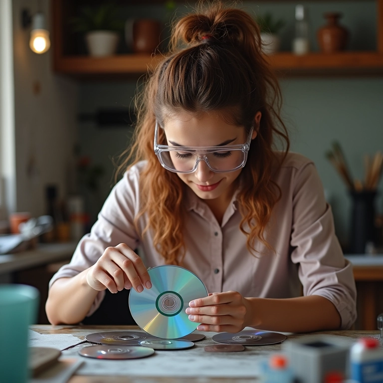 Mulher cortando CDs com segurança, usando óculos de proteção.