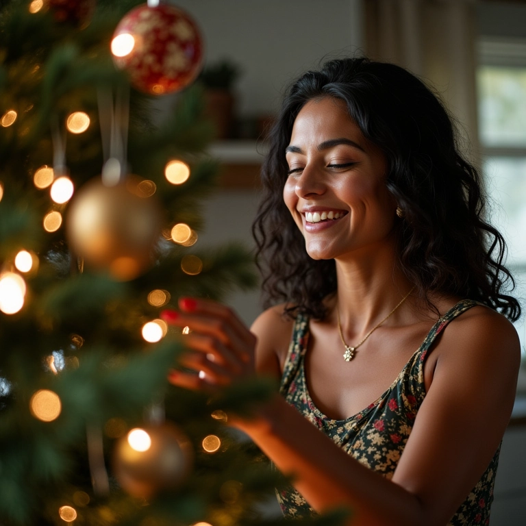 Mulher decorando árvore de Natal com enfeites artesanais em casa brasileira.