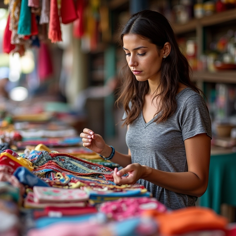 Mulher escolhendo materiais acessíveis para lembrancinhas em mercado brasileiro.