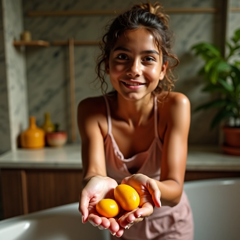 Mulher lava as mãos com sabonete de açafrão em banheiro com decoração brasileira.