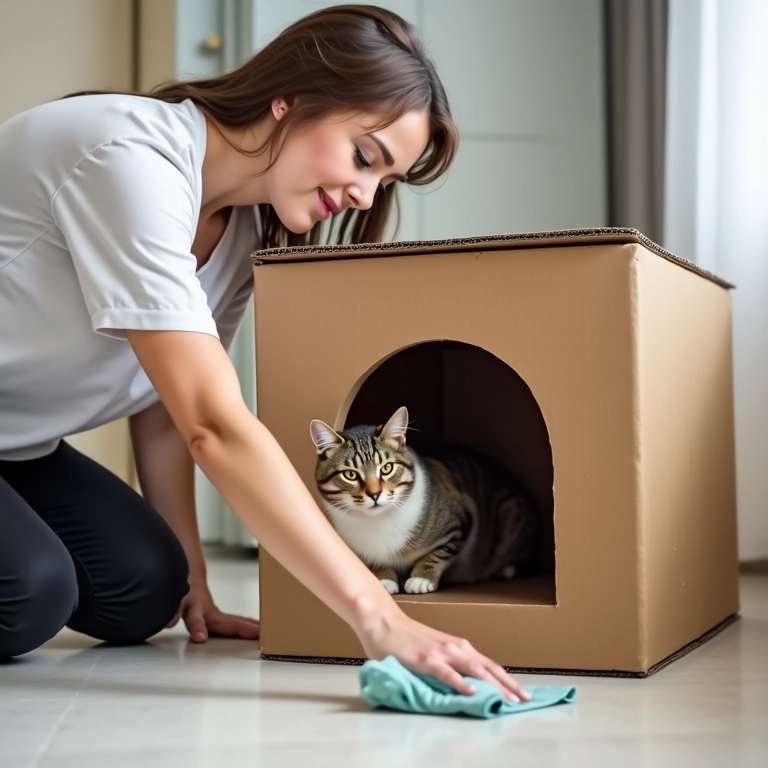 Mulher limpando casinha de papelão do gato.