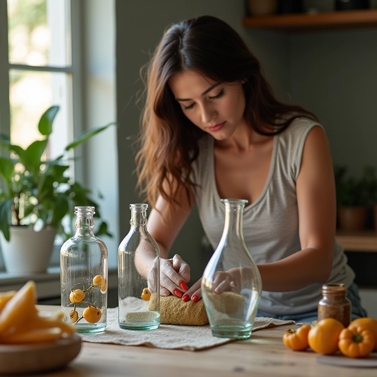 Mulher limpando garrafas de vidro para decoupage.