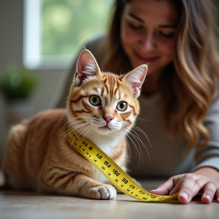 Mulher medindo gato para casinha de papelão.