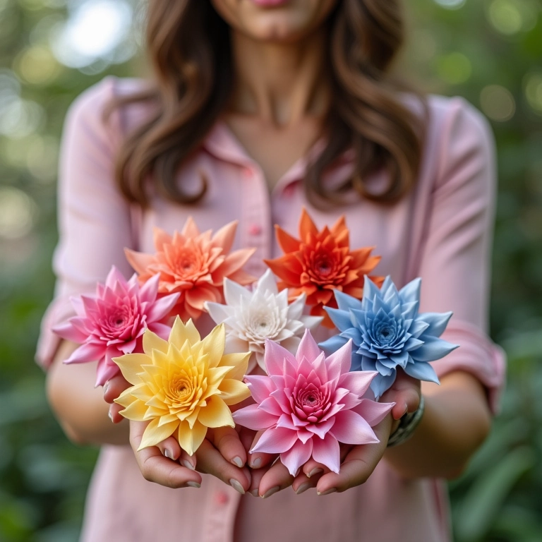 Mulher mostrando suas criações de flores de fita de cetim para venda.