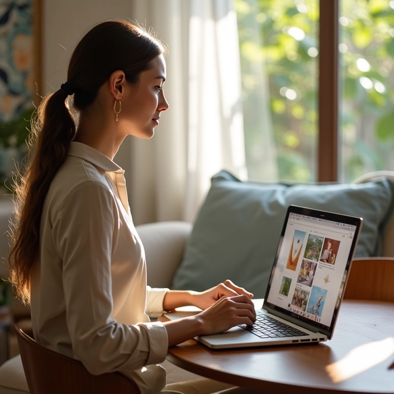 Mulher navegando online em busca de inspiração para decoração com reciclagem em sala iluminada.