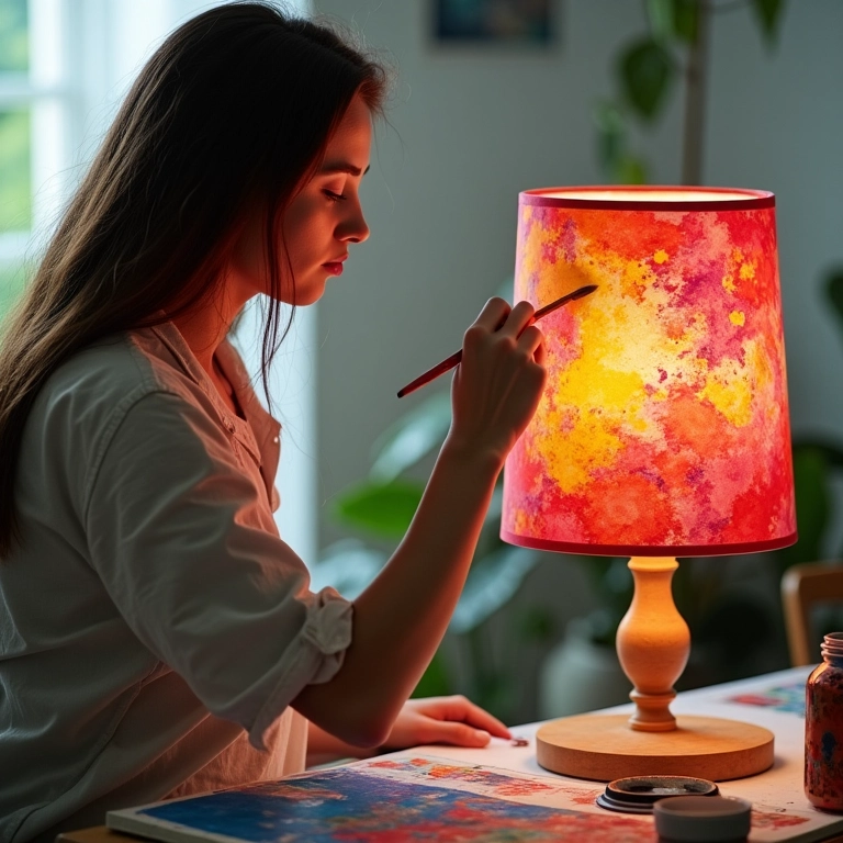 Mulher pintando um desenho vibrante em um abajur de tecido.