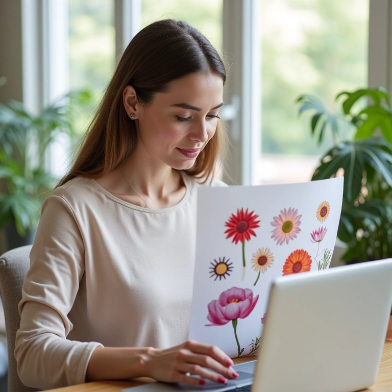 Mulher procurando moldes de flor para imprimir no laptop.