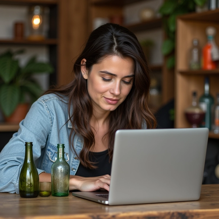 Mulher procurando online por garrafinhas ideais para lembrancinhas.
