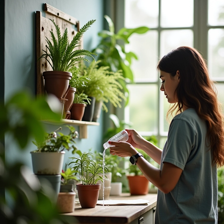 Mulher regando plantas em garrafas pet penduradas em uma parede, solução prática e versátil.