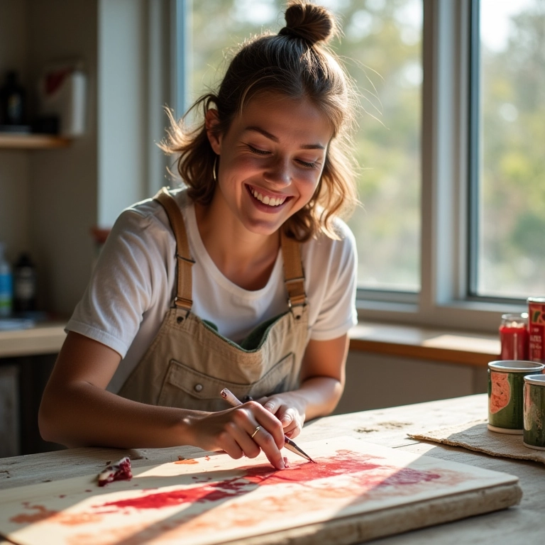 Mulher sorrindo enquanto pinta móvel de madeira reciclada em estúdio iluminado.