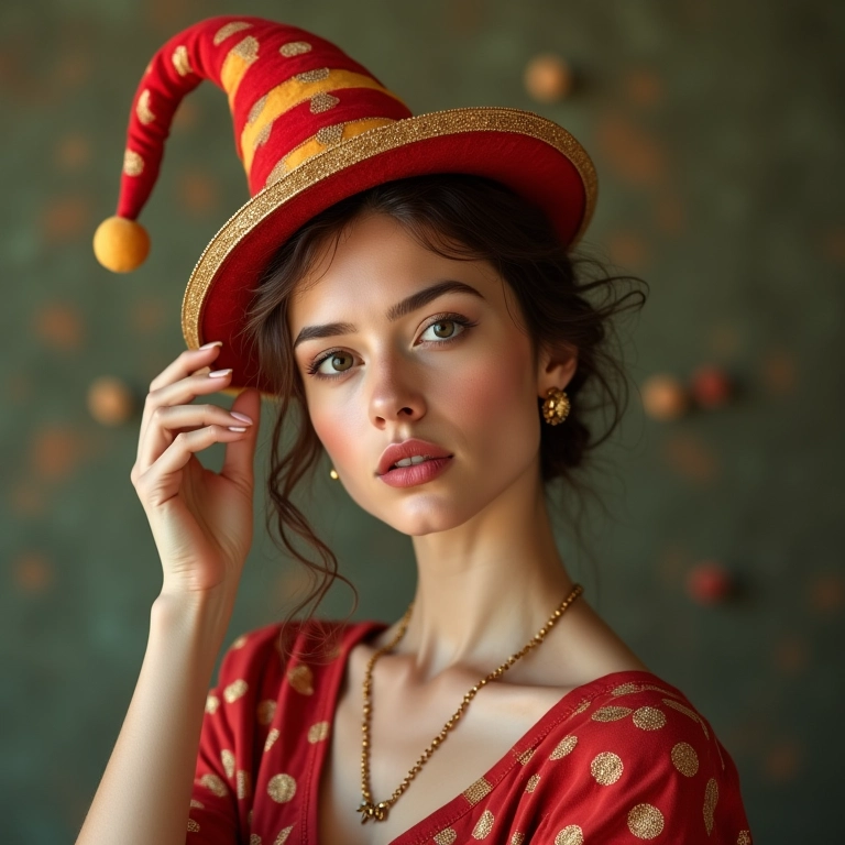 Mulher sorrindo segurando um mini chapéu de palhaço.