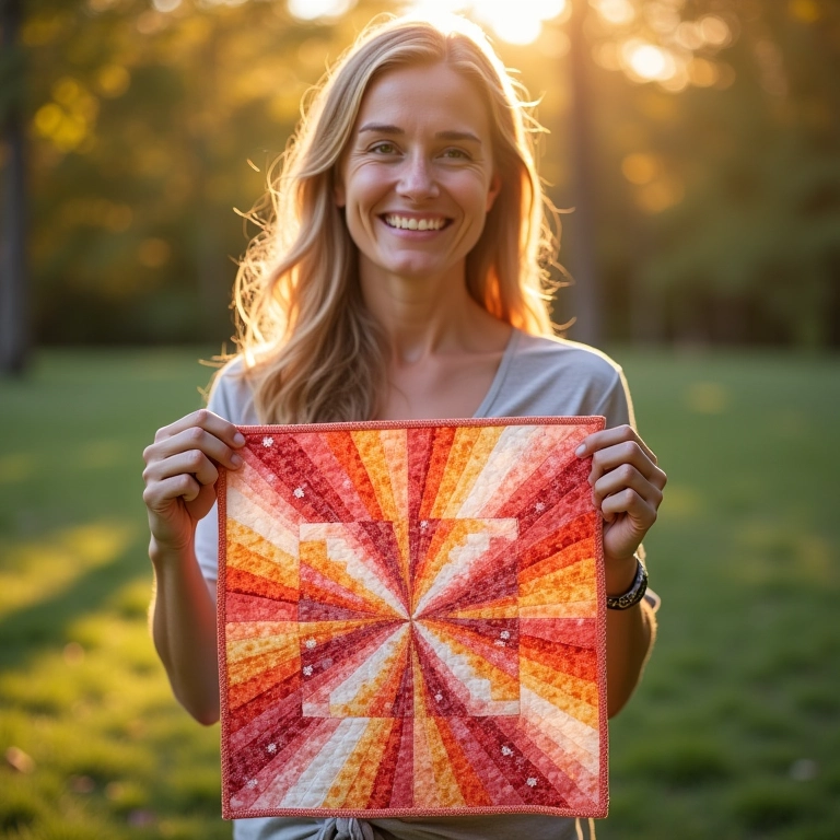 Mulher sorrindo, segurando uma colcha 'jelly roll', indicando facilidade.