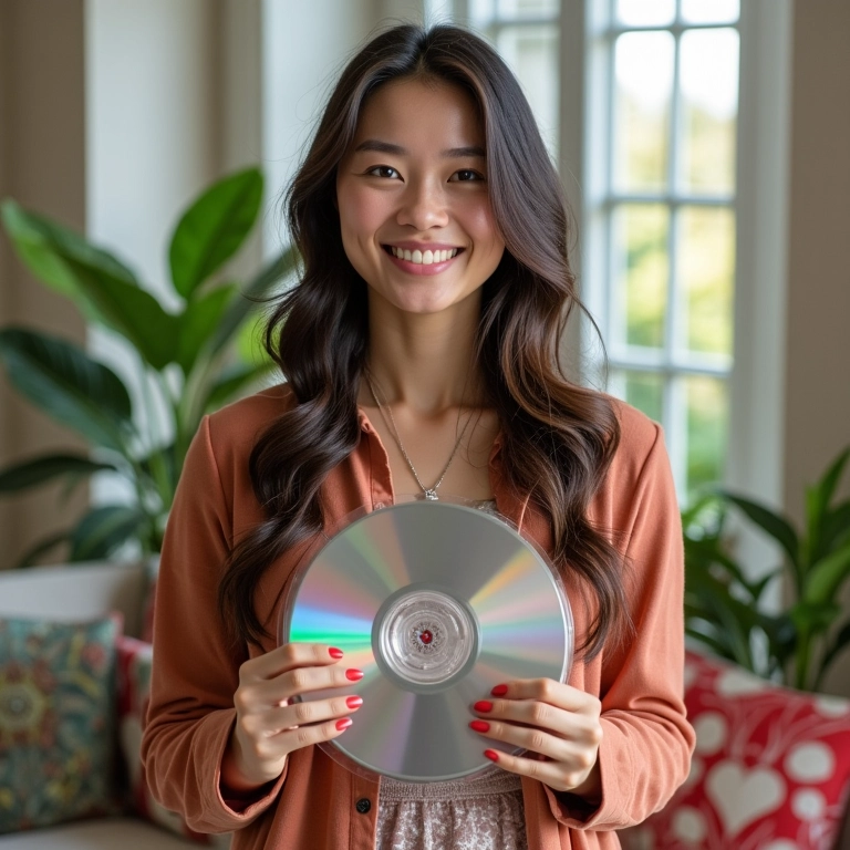 Mulher sorrindo segurando uma mandala de CD.