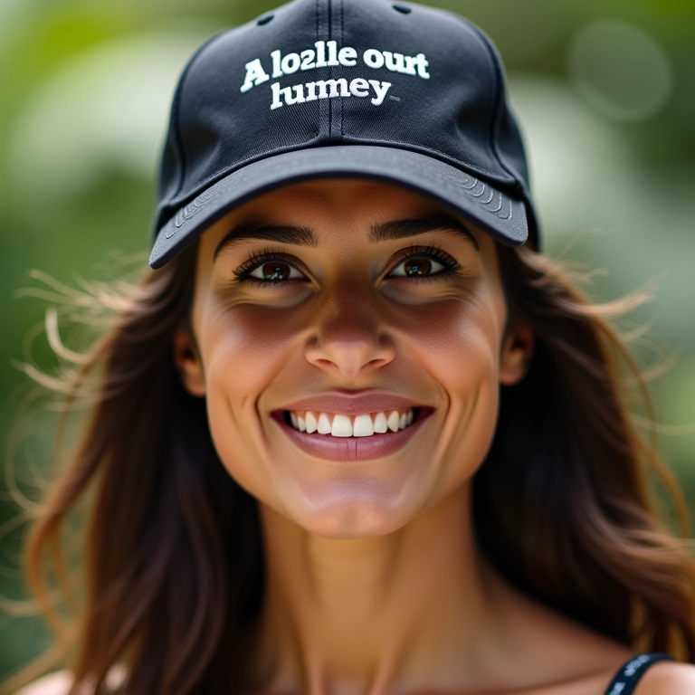 Mulher usando boné personalizado com frase inspiradora, demonstrando motivação e estilo.