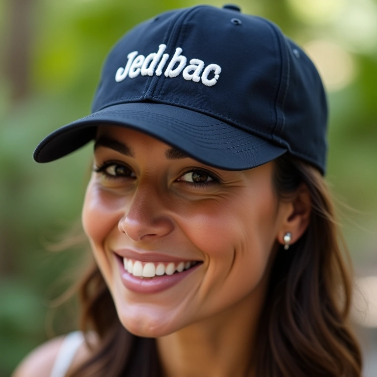 Mulher usando boné personalizado com seu nome, um presente exclusivo e pessoal.