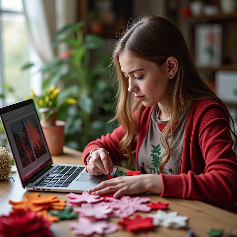 Mulher usando moldes de flor de Natal em feltro gratuitos no laptop para criar.