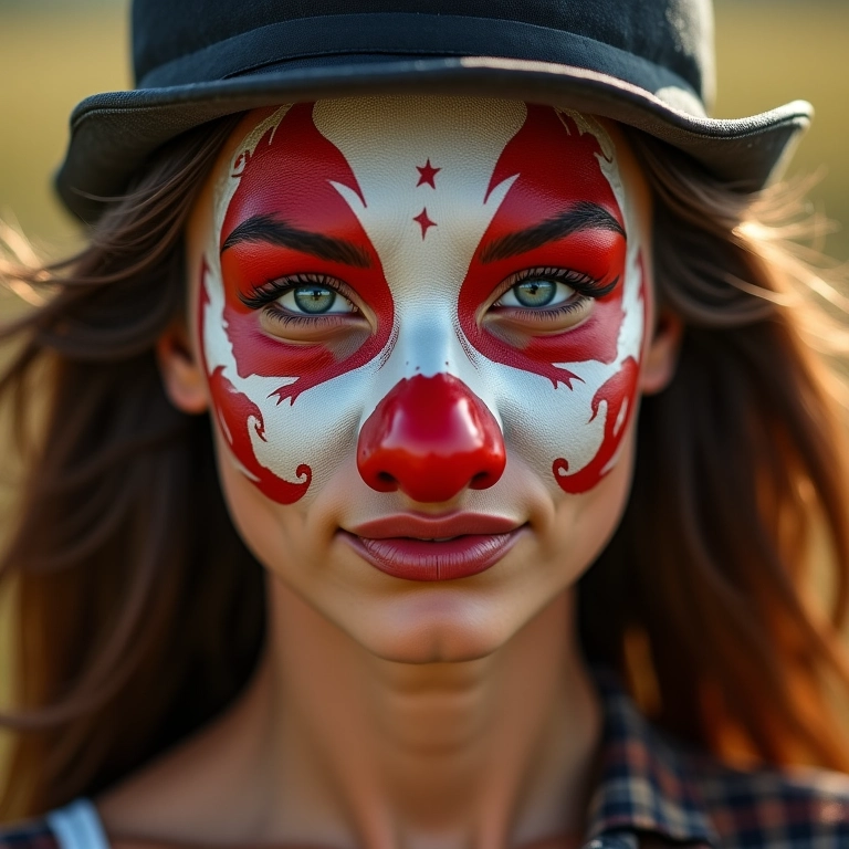 Mulher usando uma máscara de personagem do circo.