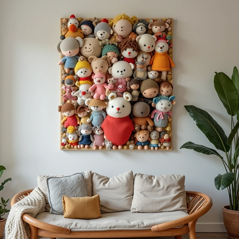 Mural de fotos em amigurumi com objetos reciclados.
