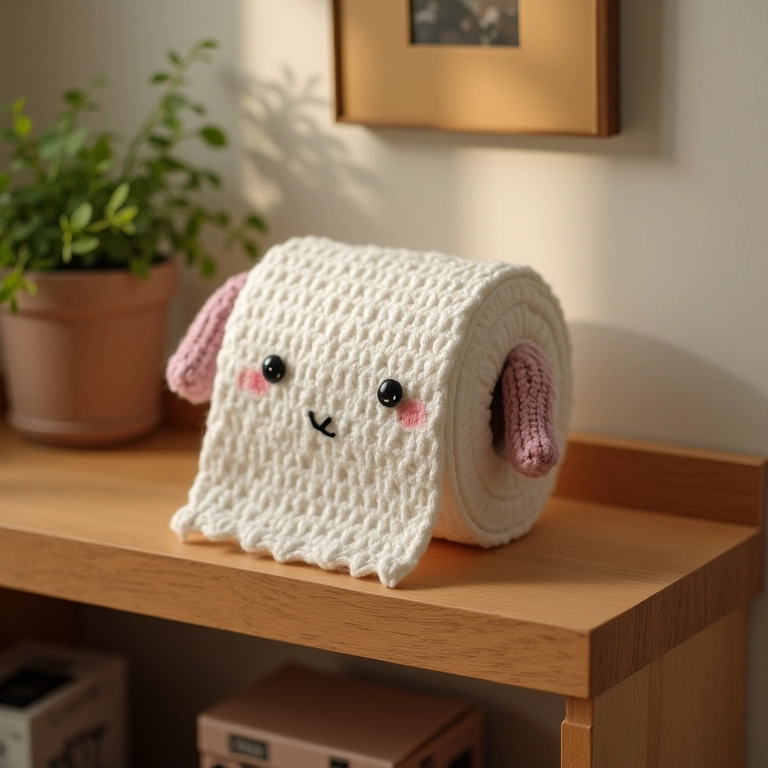 Nicho decorativo com amigurumi de rolo de papel higiênico.