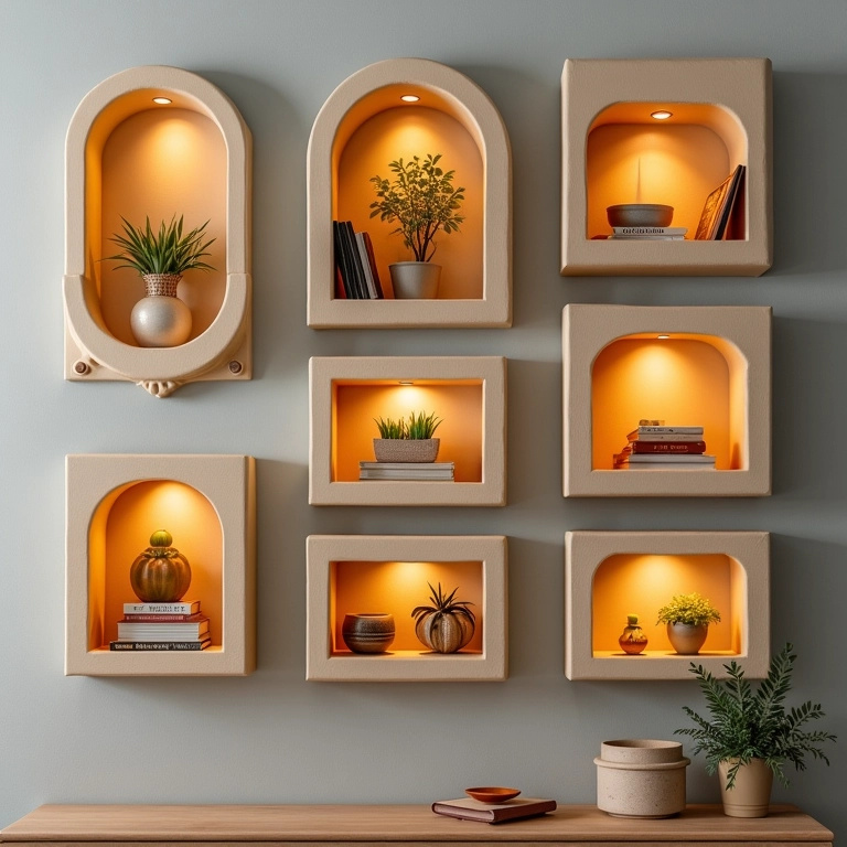 Nichos decorativos feitos com caixas de sapato para decorar a sala.