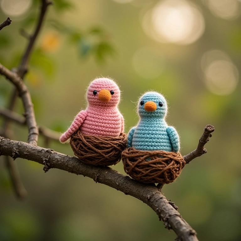 Ninhos de crochê em galhos naturais.