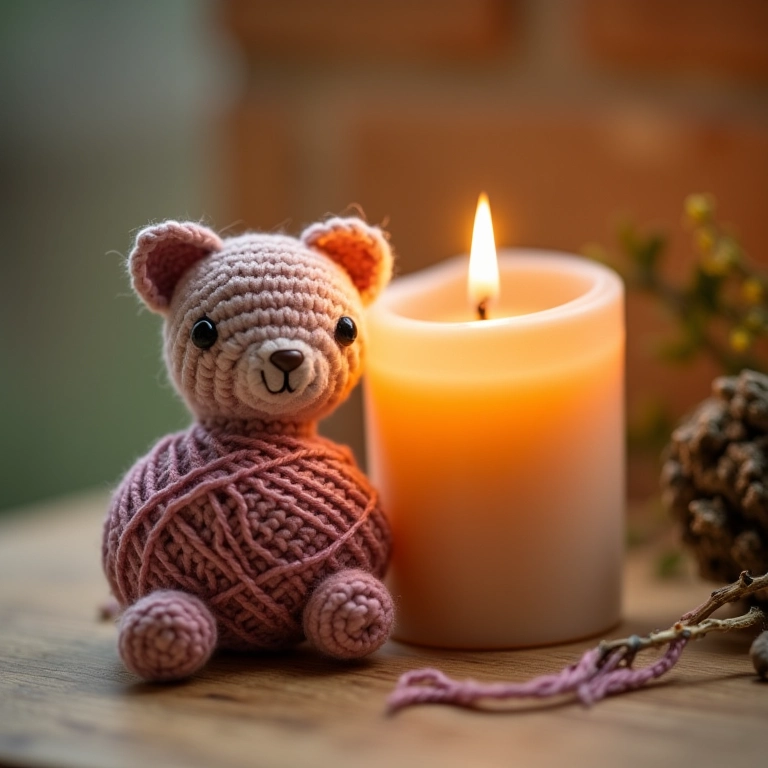 Novelo de lã ao lado de amigurumi de vela.