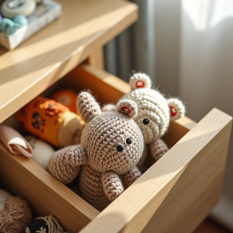 Organizador de gaveta de amigurumi feito com crochê em rolos de papel higiênico reciclados.