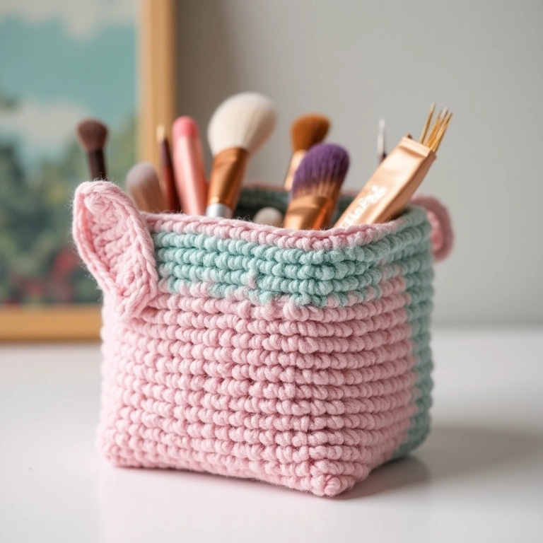 Organizador de maquiagem de crochê amigurumi feito com potes de PET reciclados em tons pastel.