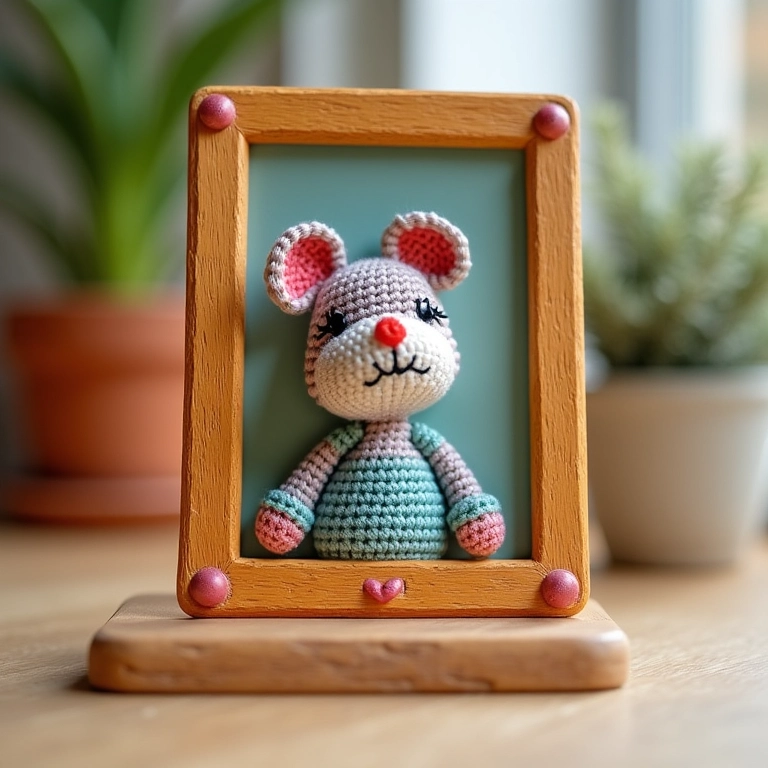 Painel de fotos de amigurumi feito com crochê e palitos de sorvete reciclados.