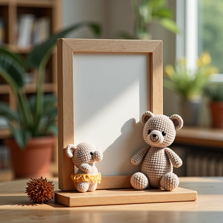 Painel de fotos decorado com amigurumis delicados pendurados em estrutura de madeira.