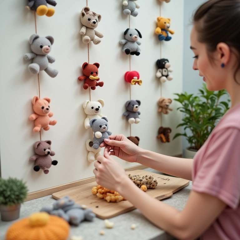 Painel de parede criativo com amigurumis de rolos de papel higiênico.