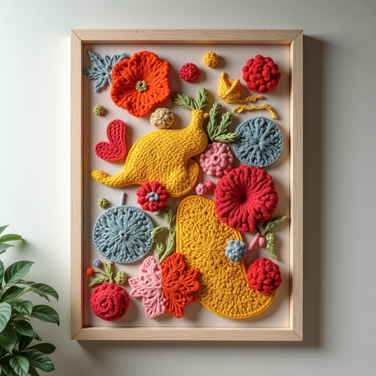 Painel decorativo de amigurumi com moldura de CDs de crochê.