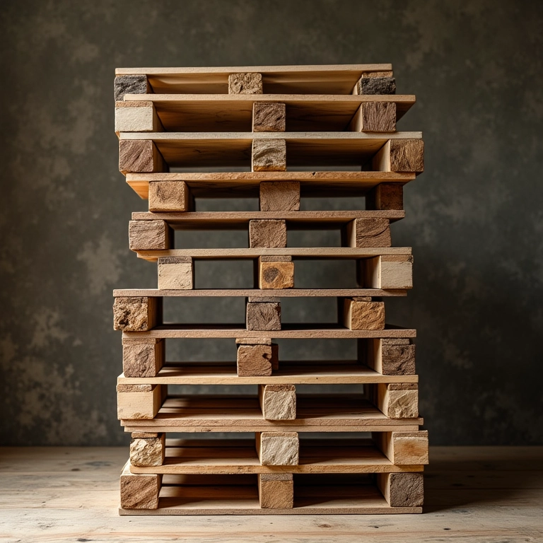 Pallets de madeira empilhados para projeto DIY de estante rústica.