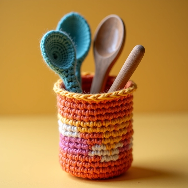 Paneleiro de caixote com utensílios de crochê.