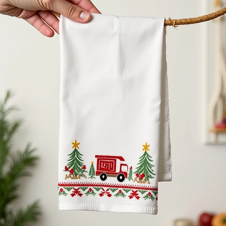 Pano de prato pintado à mão com detalhes em crochê com tema de Natal.